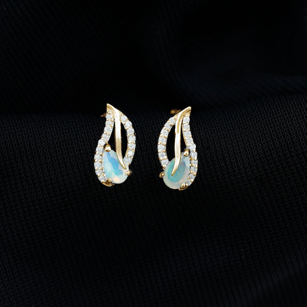 Ethiopian Opal Earrings – Pear Shape Leaf Studs with Sparkling Moissanite Jewelry