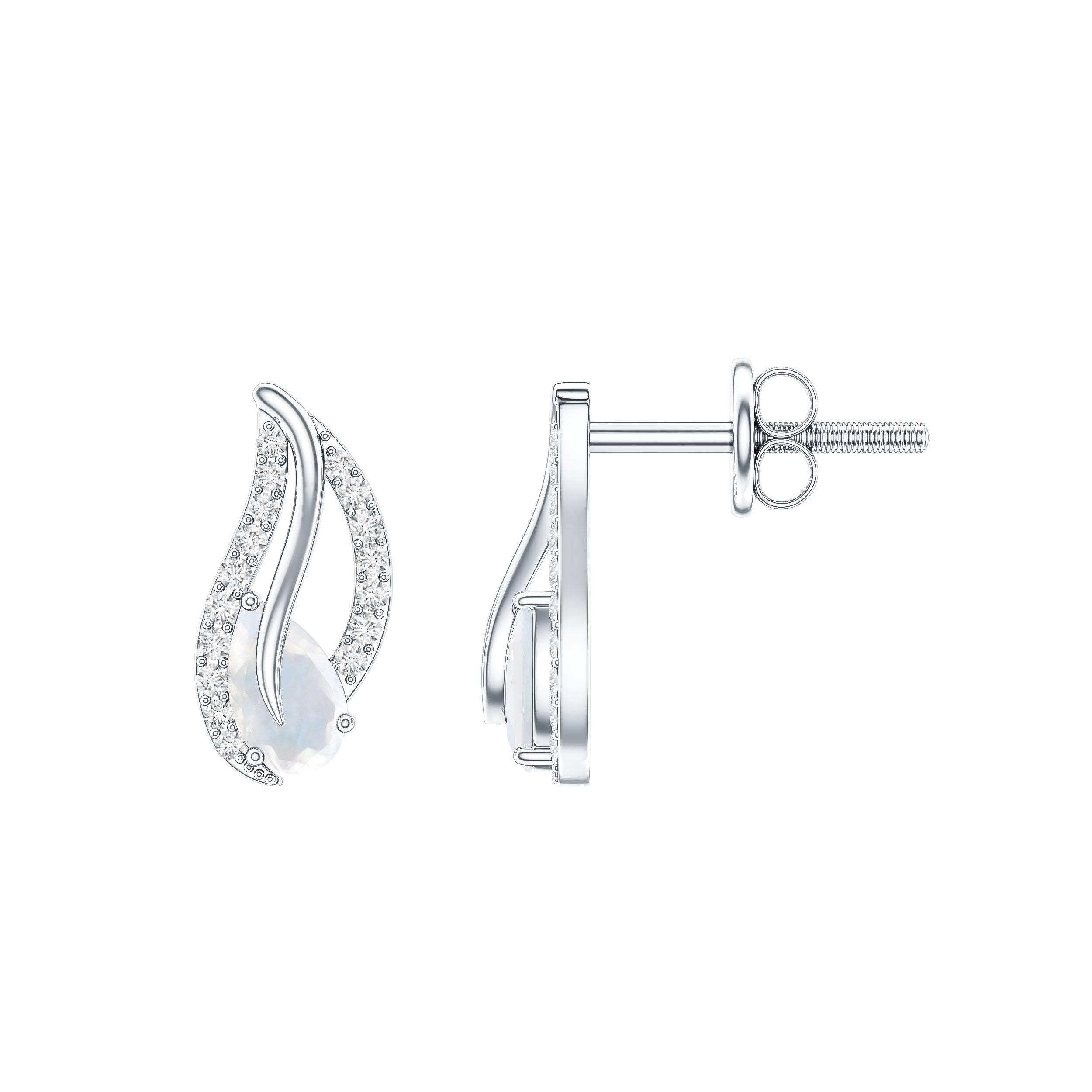 Moonstone Leaf Earrings – Natural Stud Earrings with Diamond Prong Setting