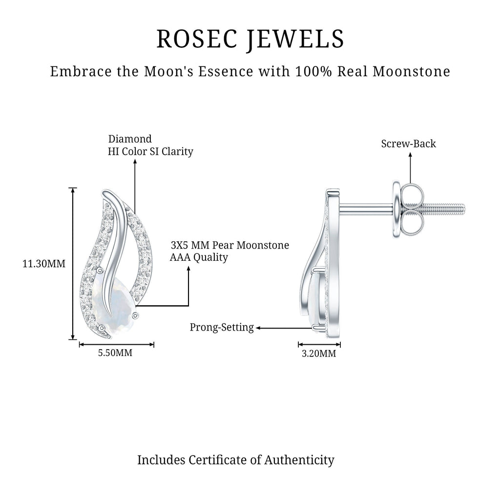 Moonstone Leaf Earrings – Natural Stud Earrings with Diamond Prong Setting