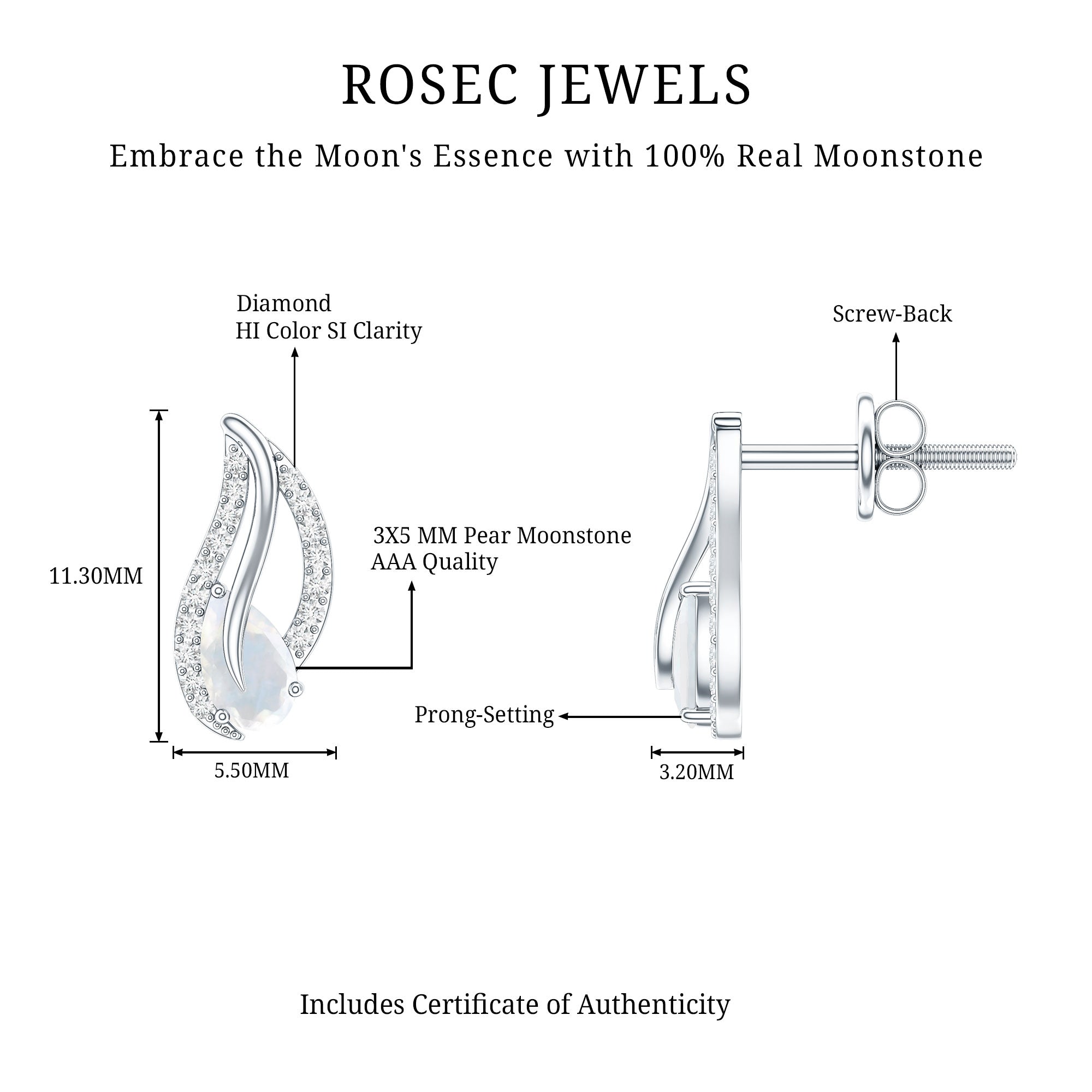 Moonstone Leaf Earrings – Natural Stud Earrings with Diamond Prong Setting