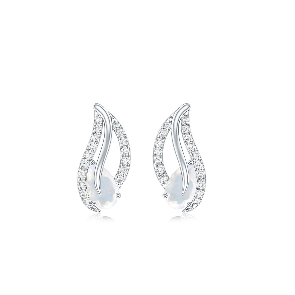 Moonstone Leaf Earrings – Natural Stud Earrings with Diamond Prong Setting