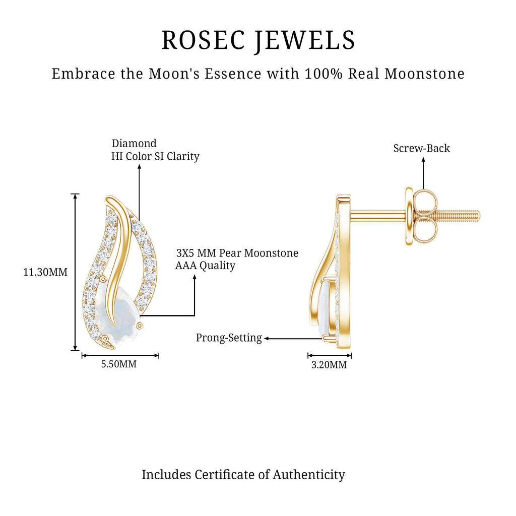 Moonstone Leaf Earrings – Natural Stud Earrings with Diamond Prong Setting