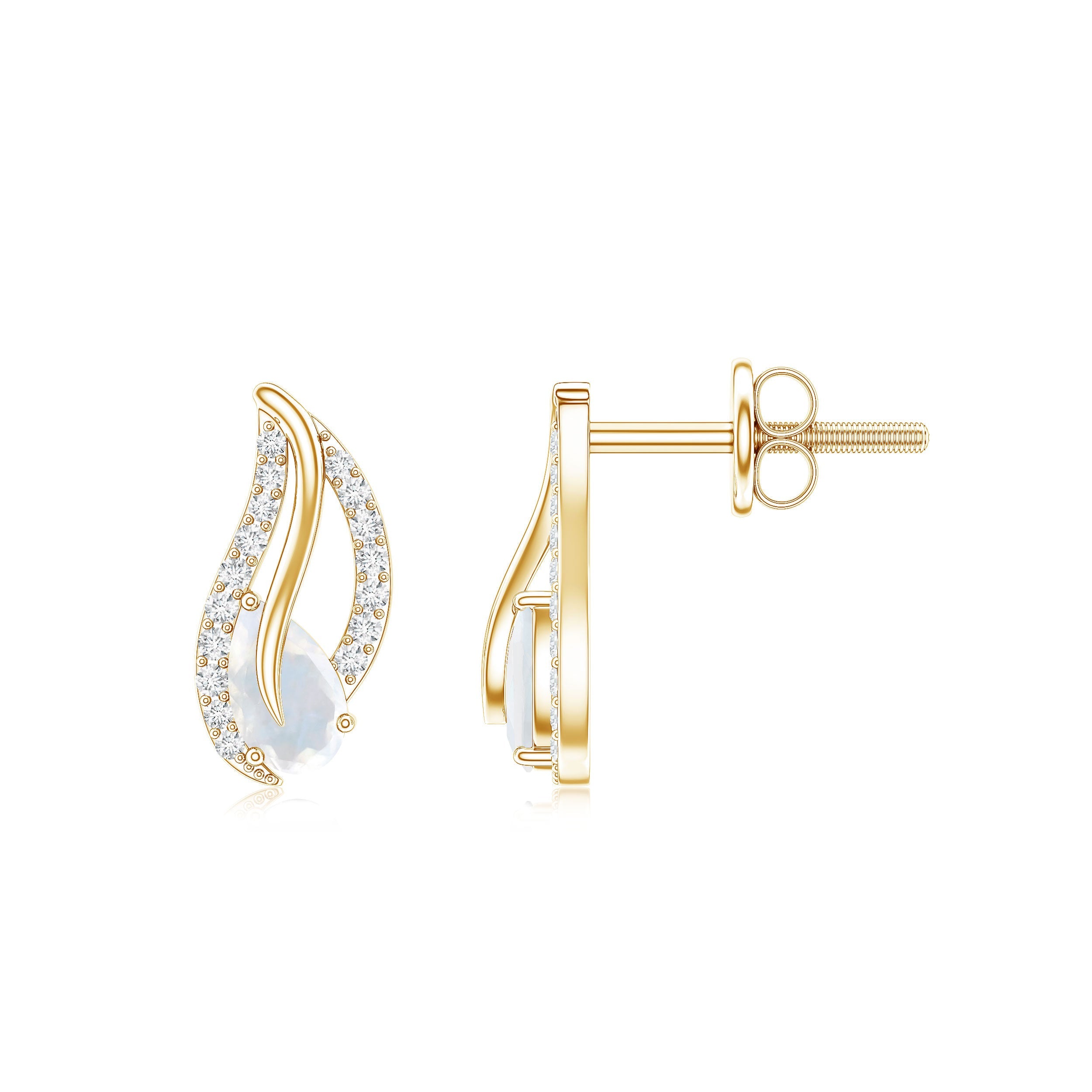 Moonstone Leaf Earrings – Natural Stud Earrings with Diamond Prong Setting