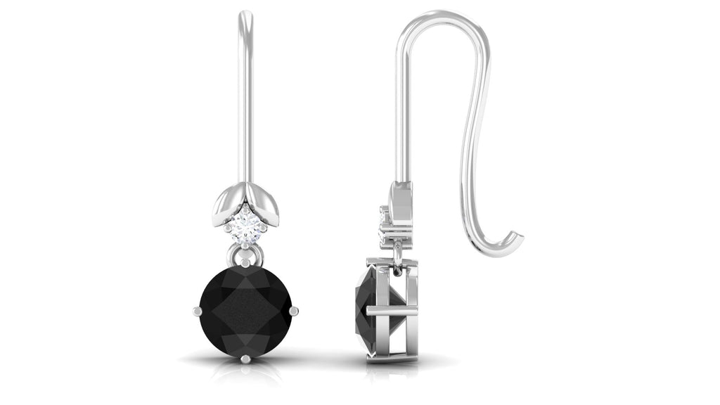 Natural Black Onyx Diamond Drop Earrings with Fish Hook
