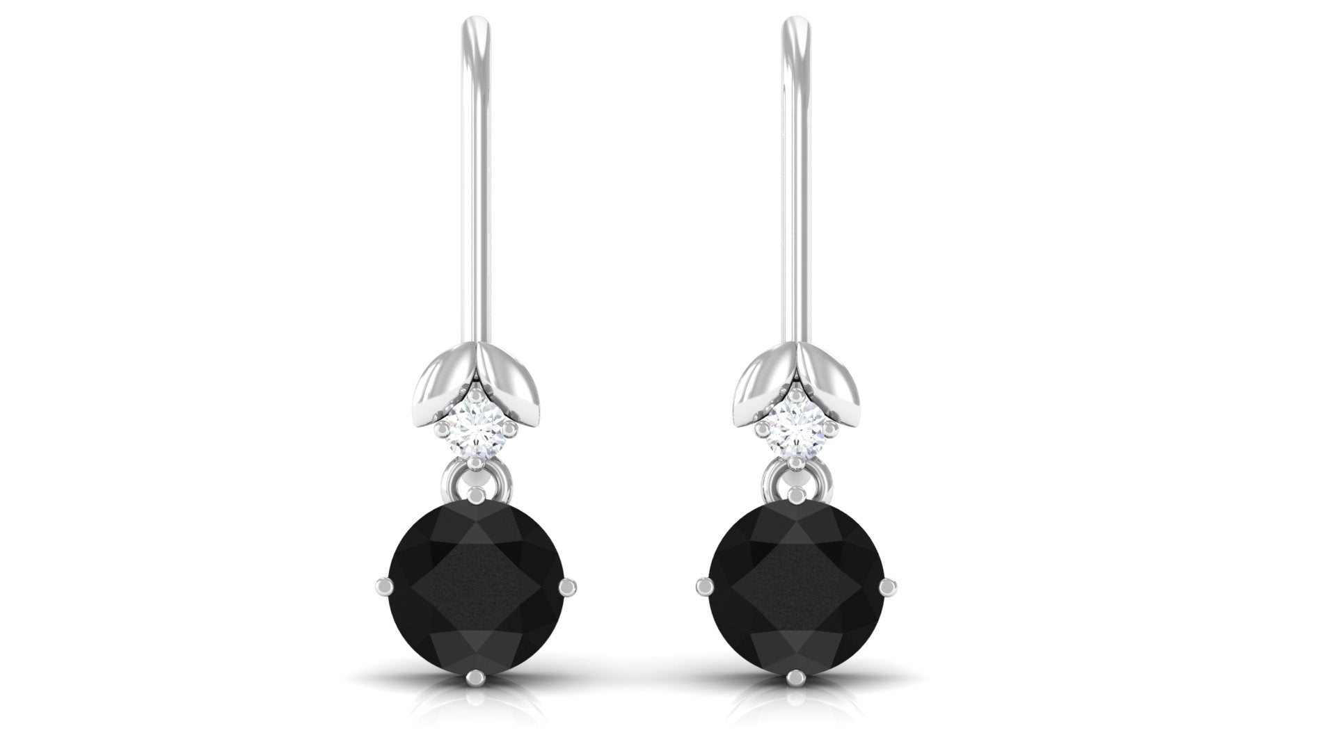 Natural Black Onyx Diamond Drop Earrings with Fish Hook