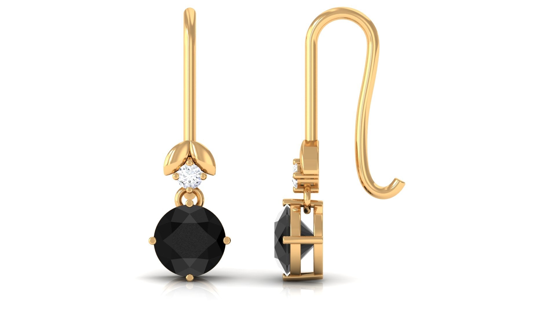 Natural Black Onyx Diamond Drop Earrings with Fish Hook