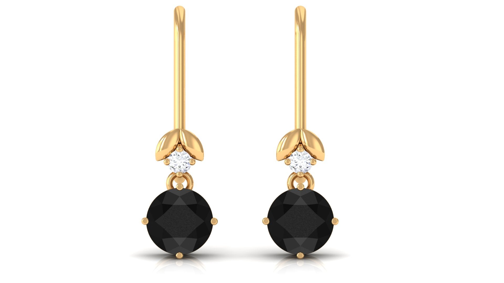 Natural Black Onyx Diamond Drop Earrings with Fish Hook