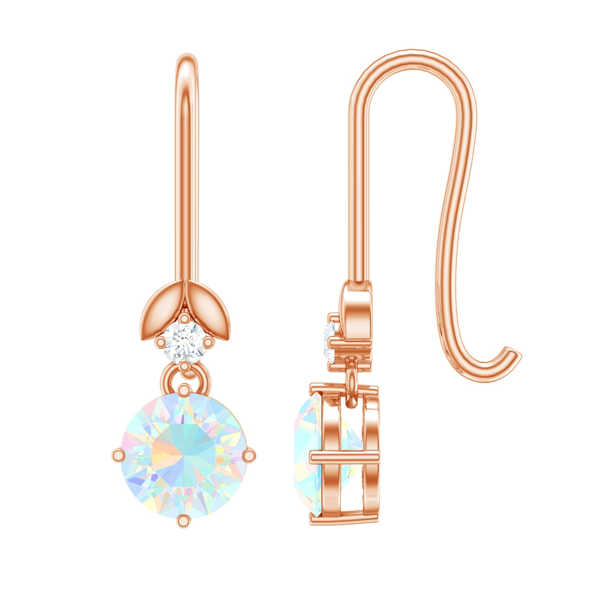 Ethiopian Opal Earrings – Round Opal Drop Earrings with Diamond & Fish Hook Design