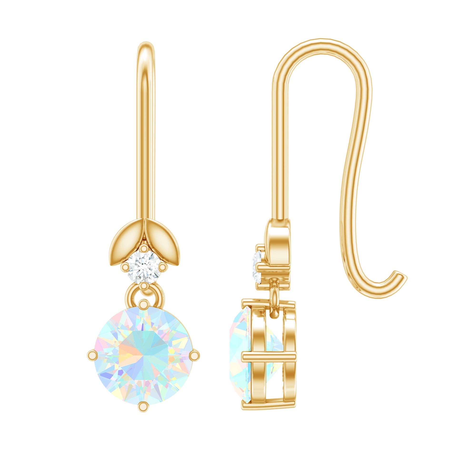 Ethiopian Opal Earrings – Round Opal Drop Earrings with Diamond & Fish Hook Design