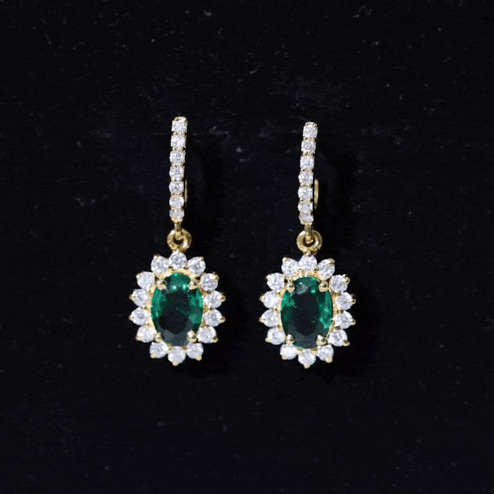 Lab Grown Emerald Earrings – Oval Drop Halo Diamond J Hoop Design 1.7 Ct