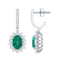 Lab Grown Emerald Earrings – Oval Drop Halo Diamond J Hoop Design 1.7 Ct