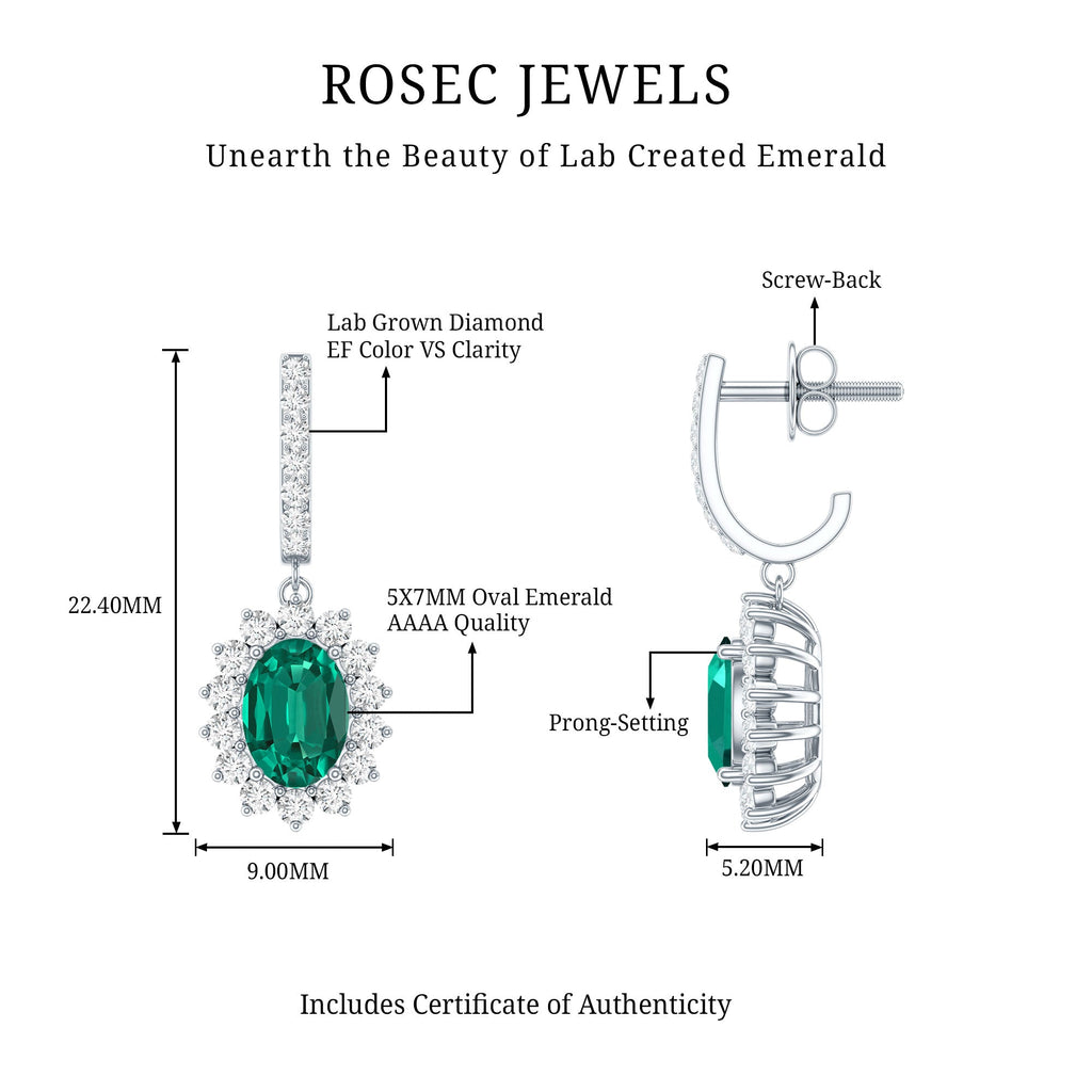 Lab Grown Emerald Earrings – Oval Drop Halo Diamond J Hoop Design 1.7 Ct