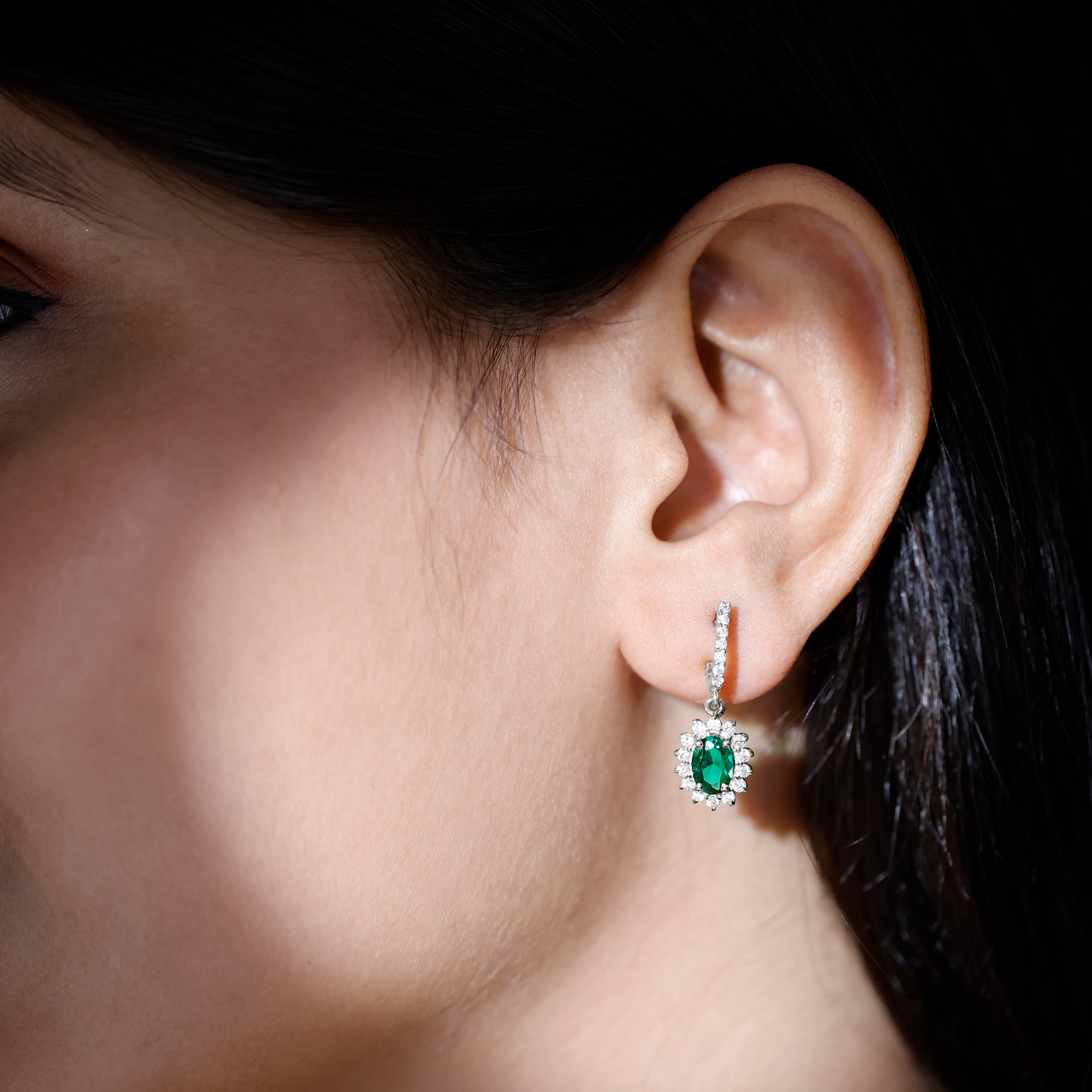 Lab Grown Emerald Earrings – Oval Drop Halo Diamond J Hoop Design 1.7 Ct