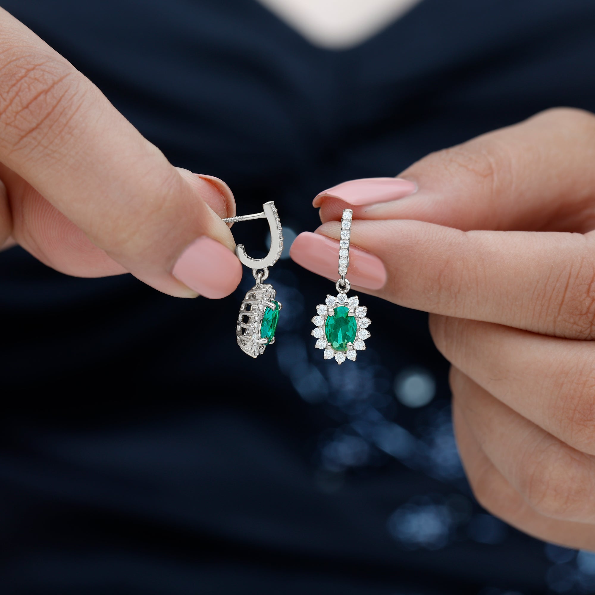 Lab Grown Emerald Earrings – Oval Drop Halo Diamond J Hoop Design 1.7 Ct