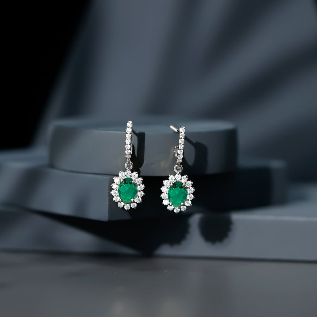 Lab Grown Emerald Earrings – Oval Drop Halo Diamond J Hoop Design 1.7 Ct