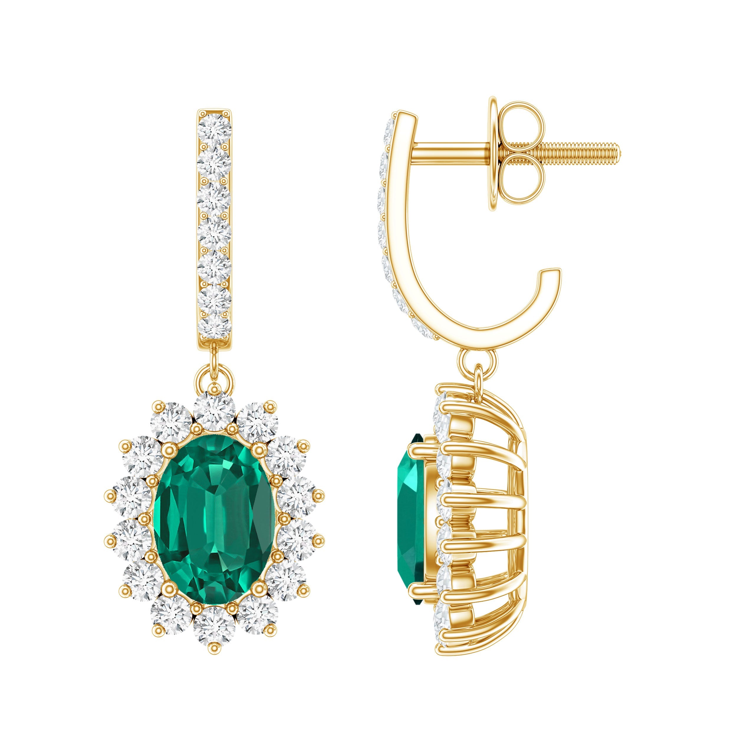 Lab Grown Emerald Earrings – Oval Drop Halo Diamond J Hoop Design 1.7 Ct