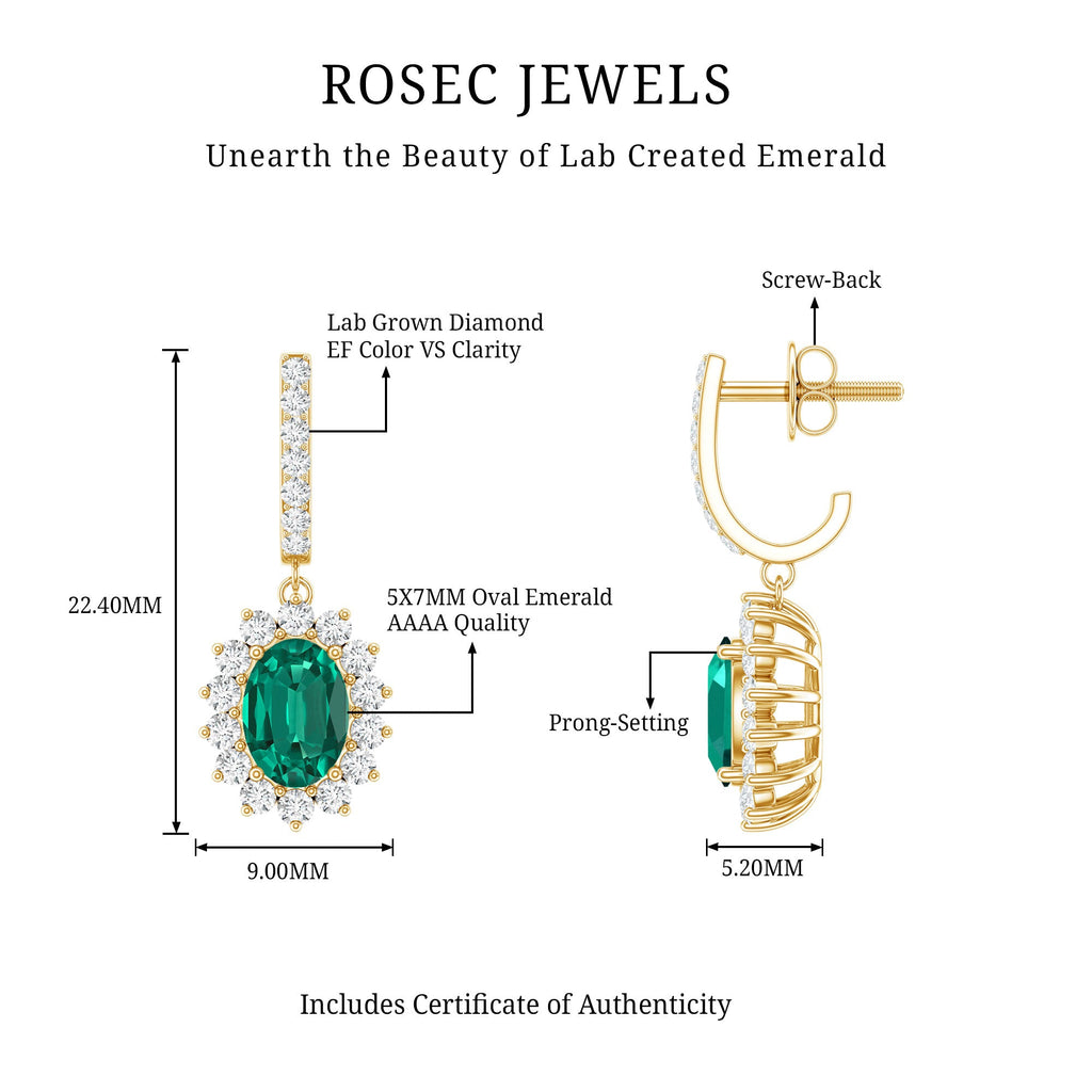 Lab Grown Emerald Earrings – Oval Drop Halo Diamond J Hoop Design 1.7 Ct