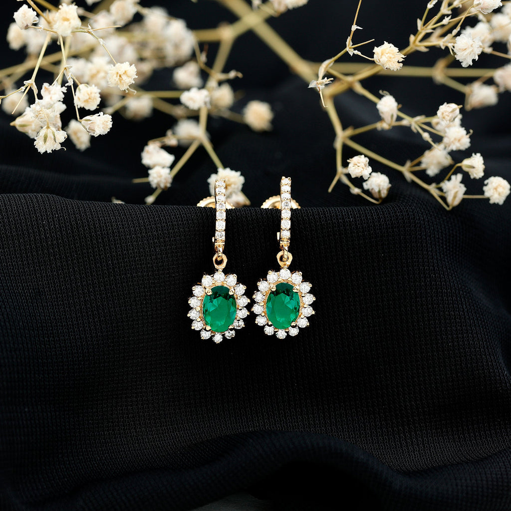 Lab Grown Emerald Earrings – Oval Drop Halo Diamond J Hoop Design 1.7 Ct