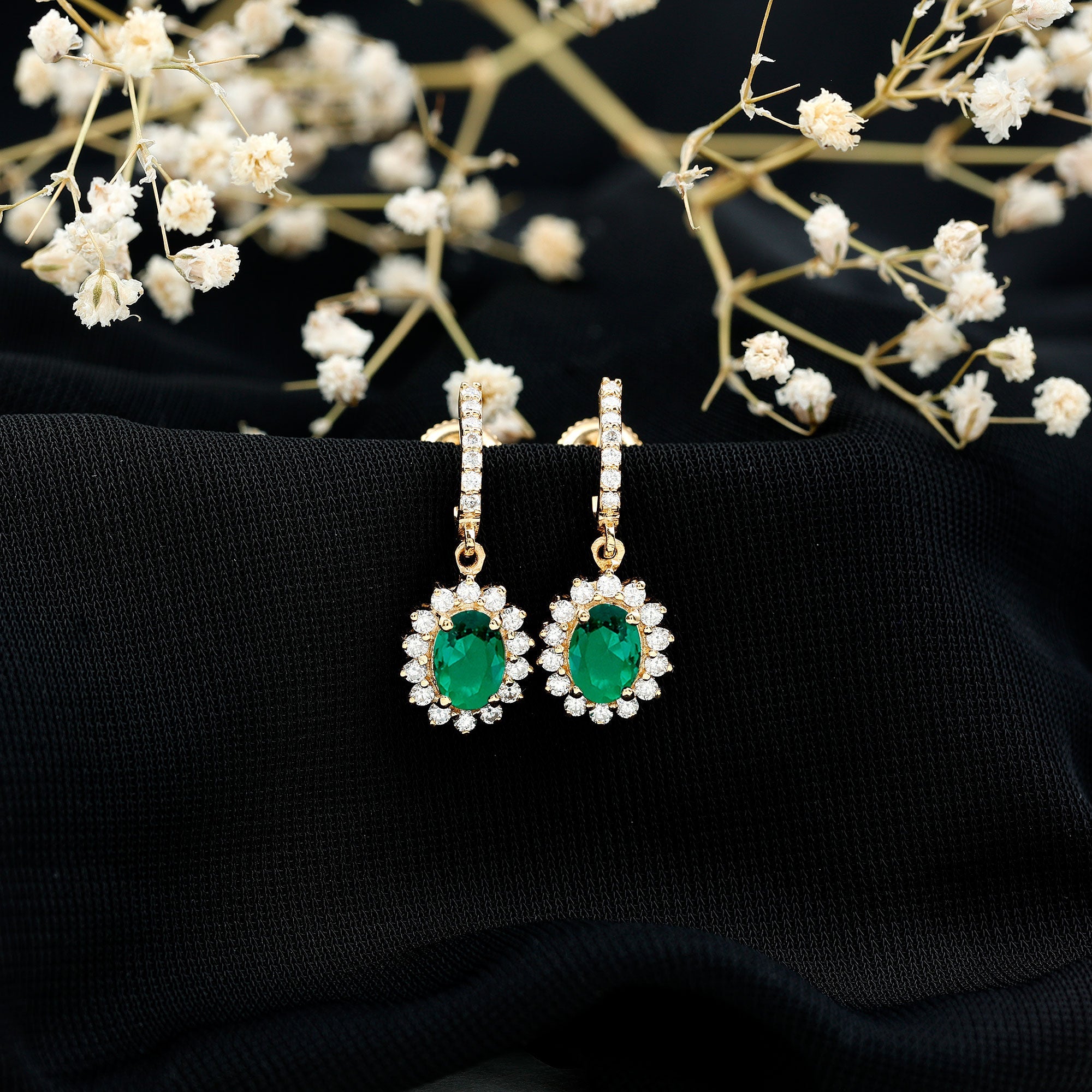 Lab Grown Emerald Earrings – Oval Drop Halo Diamond J Hoop Design 1.7 Ct