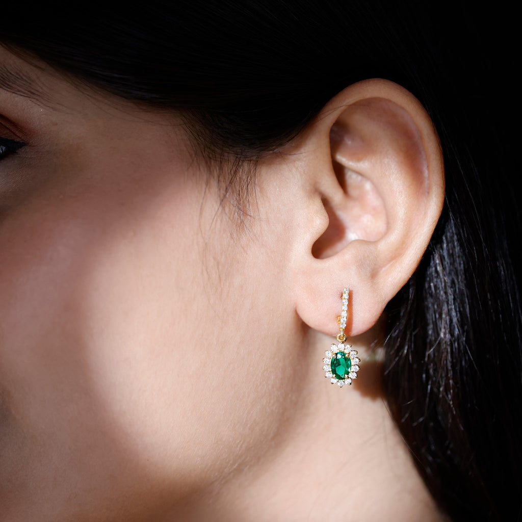 Lab Grown Emerald Earrings – Oval Drop Halo Diamond J Hoop Design 1.7 Ct
