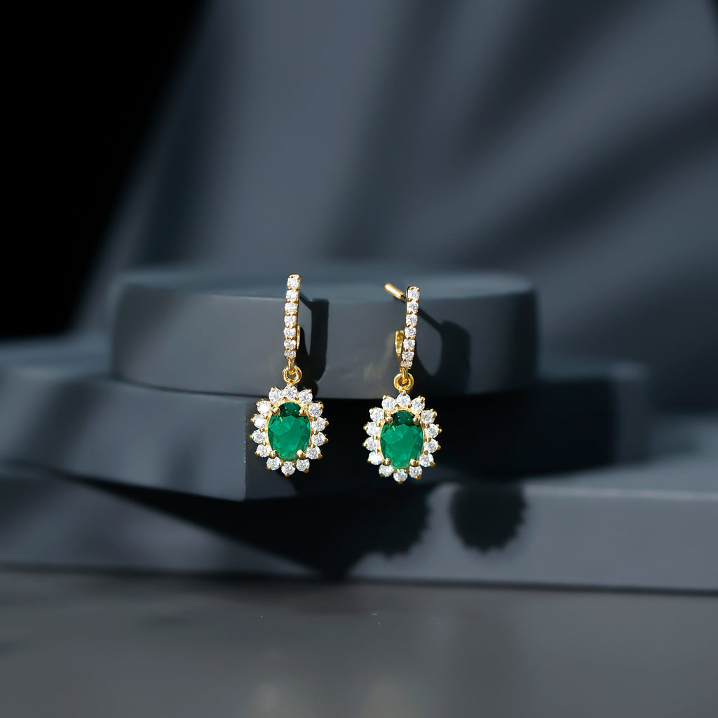 Lab Grown Emerald Earrings – Oval Drop Halo Diamond J Hoop Design 1.7 Ct