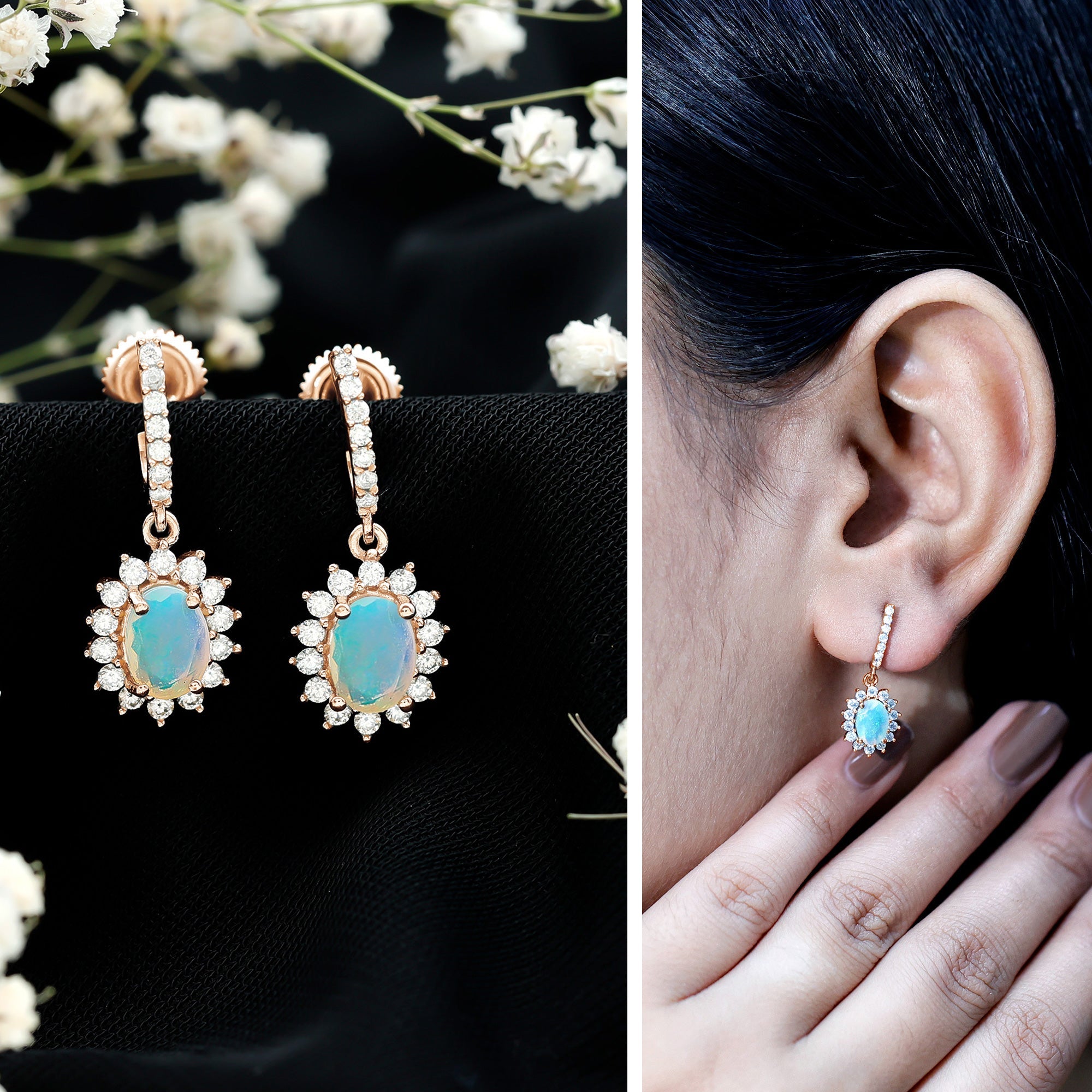 Ethiopian Opal Earrings – Oval Opal Earrings With Moissanite Halo | Durable Gemstone Jewelry
