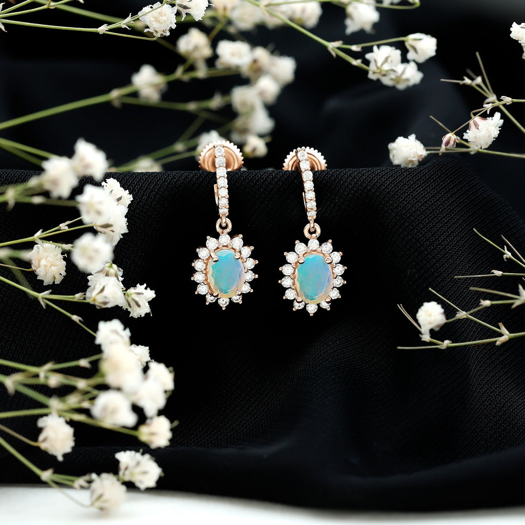 Ethiopian Opal Earrings – Oval Opal Earrings With Moissanite Halo | Durable Gemstone Jewelry