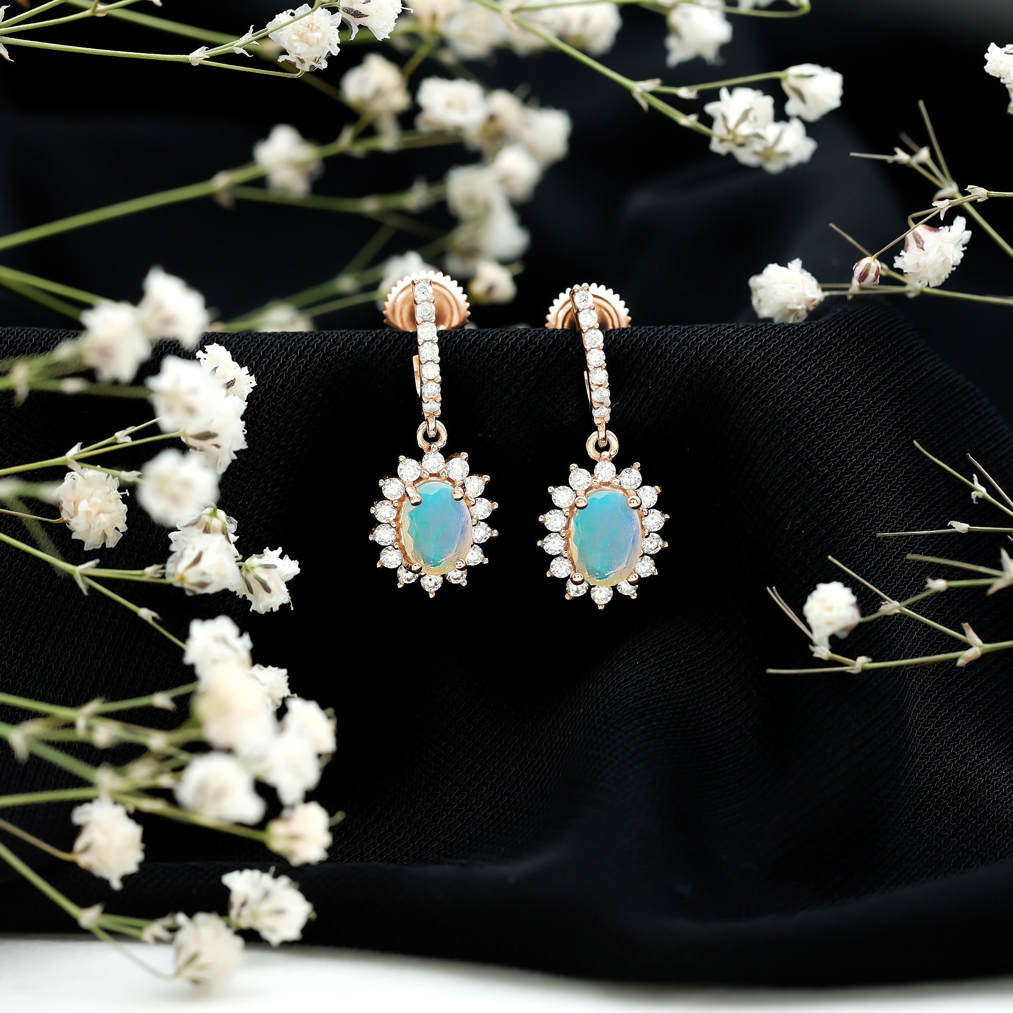 Ethiopian Opal Earrings – Oval Opal Earrings With Moissanite Halo | Durable Gemstone Jewelry