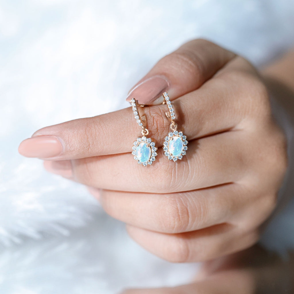 Ethiopian Opal Earrings – Oval Opal Earrings With Moissanite Halo | Durable Gemstone Jewelry