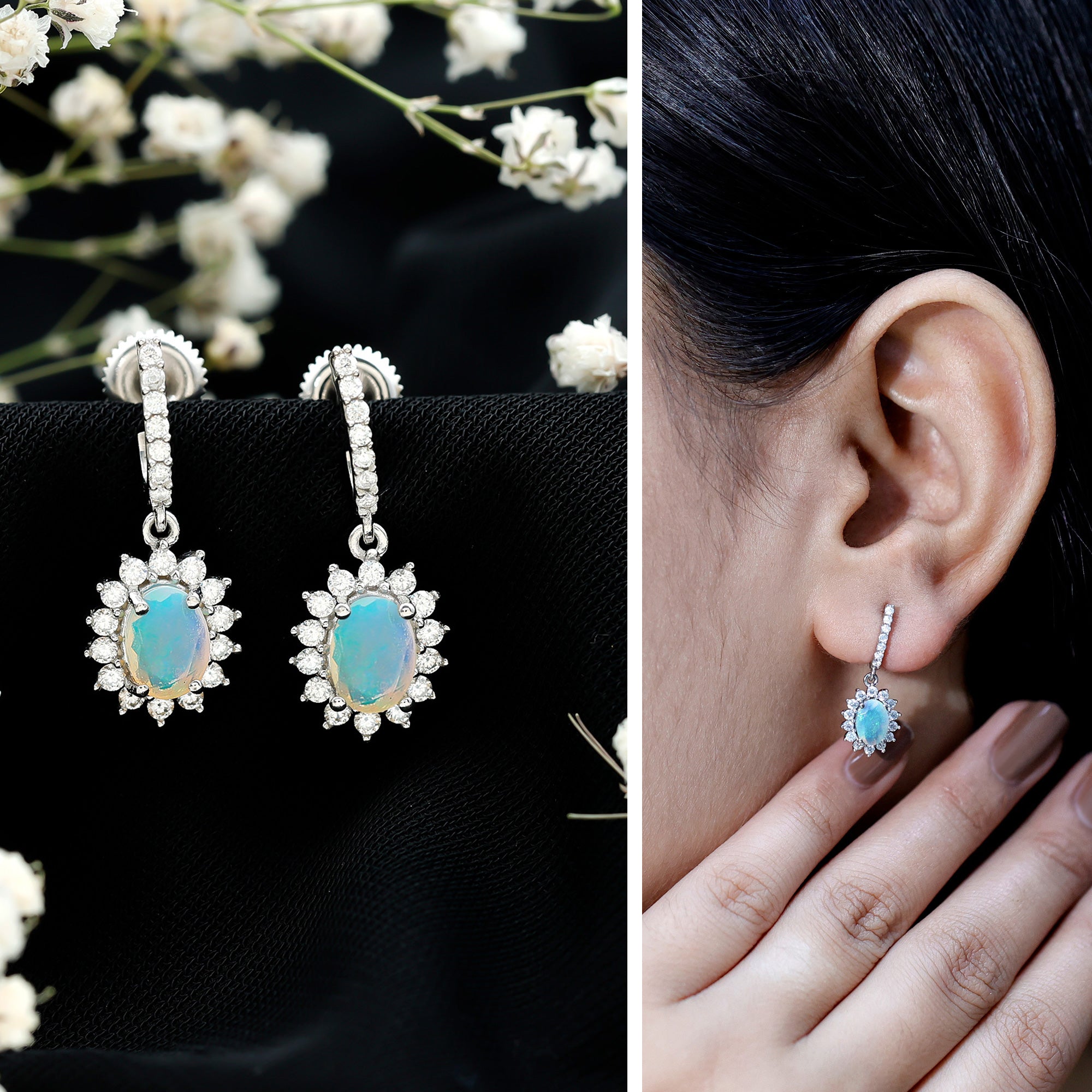 Ethiopian Opal Earrings – Oval Opal Earrings With Moissanite Halo | Durable Gemstone Jewelry