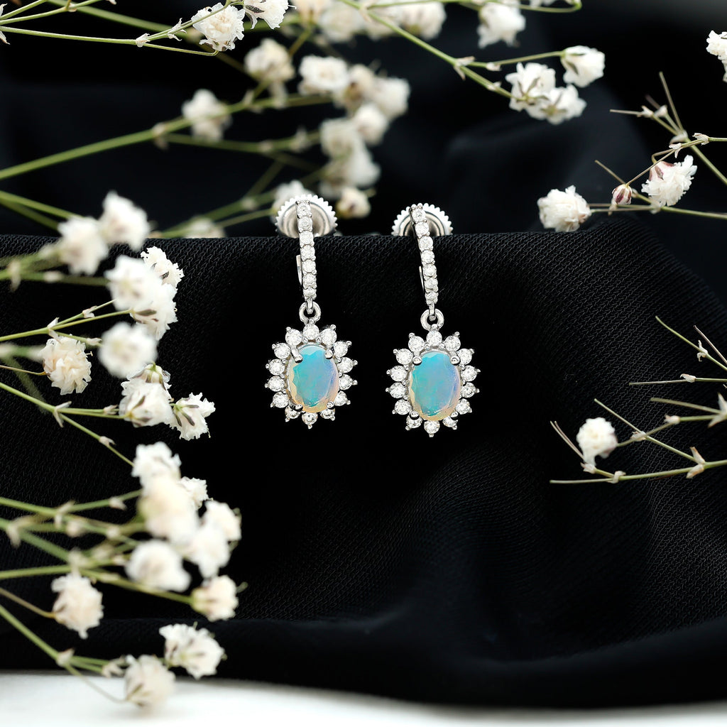 Ethiopian Opal Earrings – Oval Opal Earrings With Moissanite Halo | Durable Gemstone Jewelry