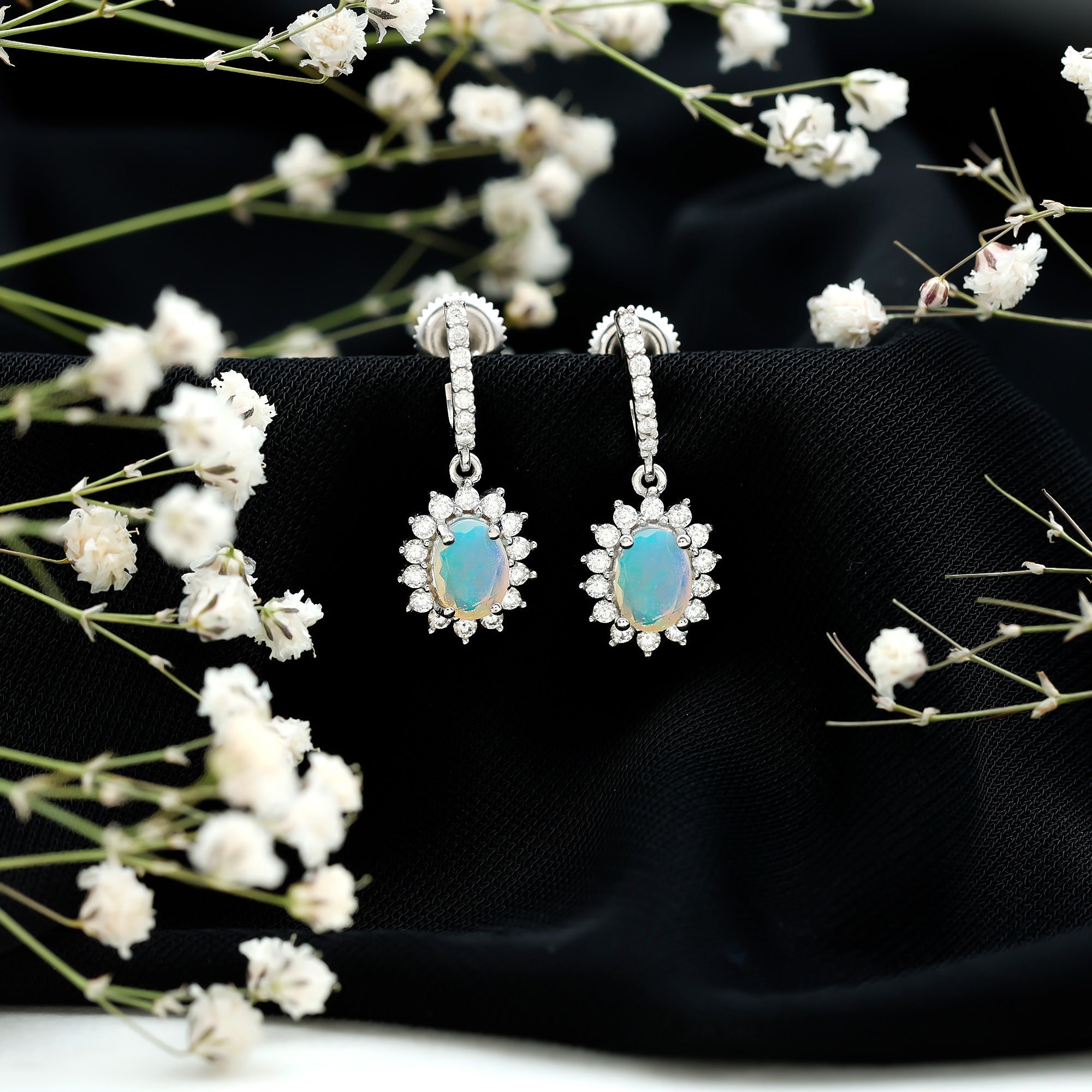 Ethiopian Opal Earrings – Oval Opal Earrings With Moissanite Halo | Durable Gemstone Jewelry