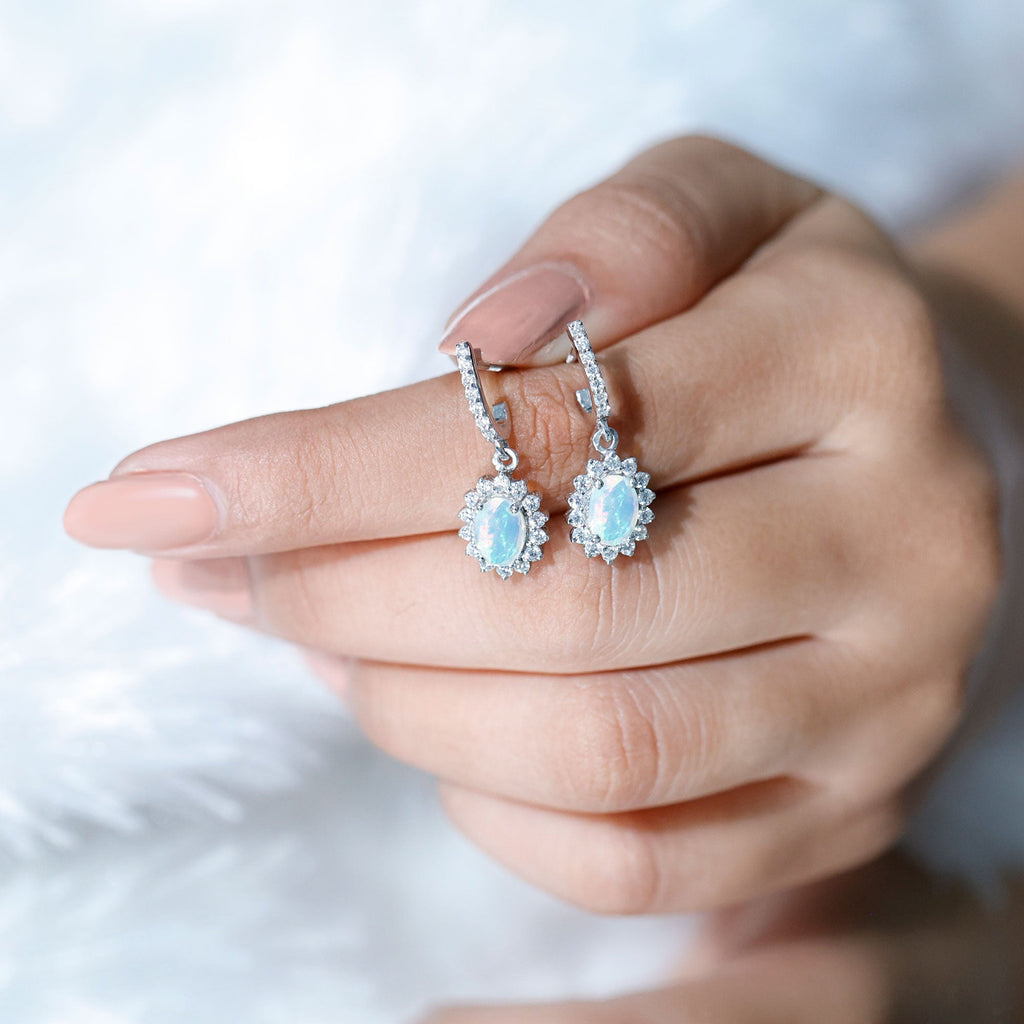 Ethiopian Opal Earrings – Oval Opal Earrings With Moissanite Halo | Durable Gemstone Jewelry
