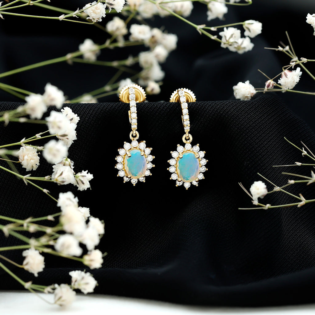 Ethiopian Opal Earrings – Oval Opal Earrings With Moissanite Halo | Durable Gemstone Jewelry