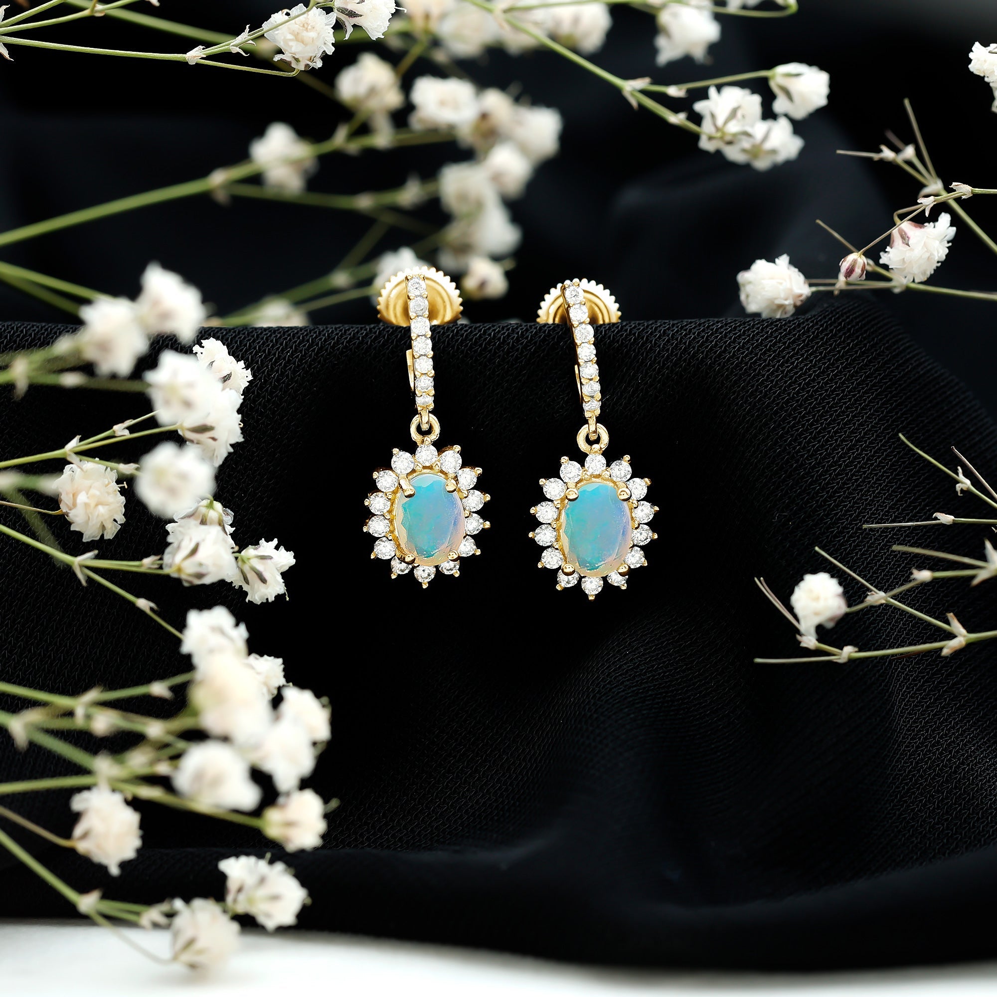 Ethiopian Opal Earrings – Oval Opal Earrings With Moissanite Halo | Durable Gemstone Jewelry