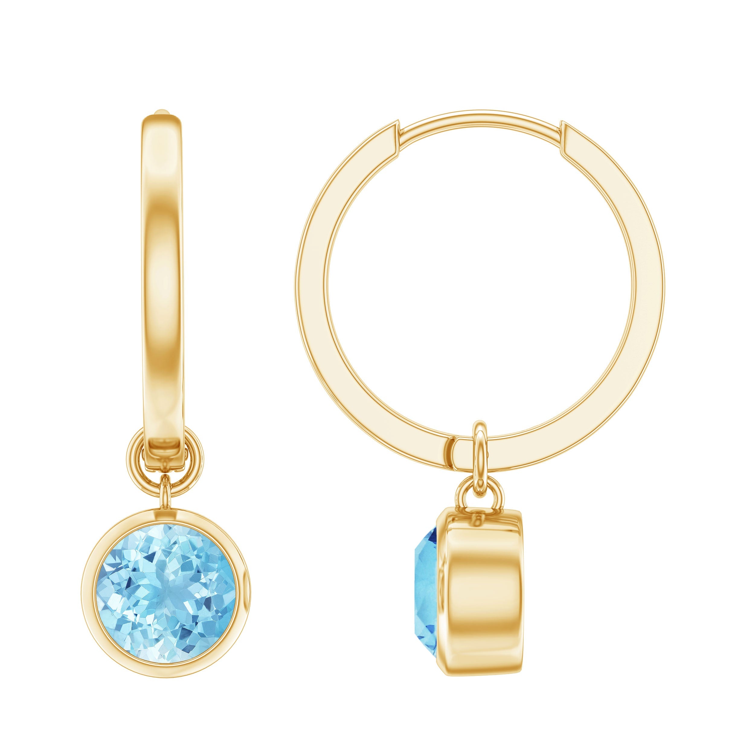 Aquamarine Hoop Earrings – Bezel Set Blue Gemstone Drop Lightweight Hinged Hoops