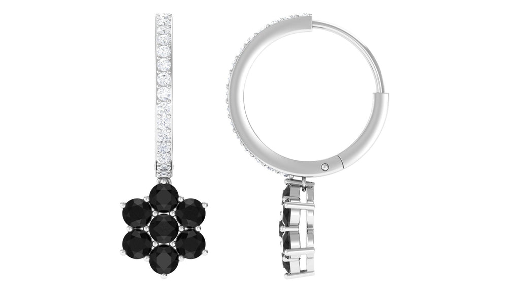 Certified Real Black Onyx Flower Drop Hoop Earrings with Diamonds