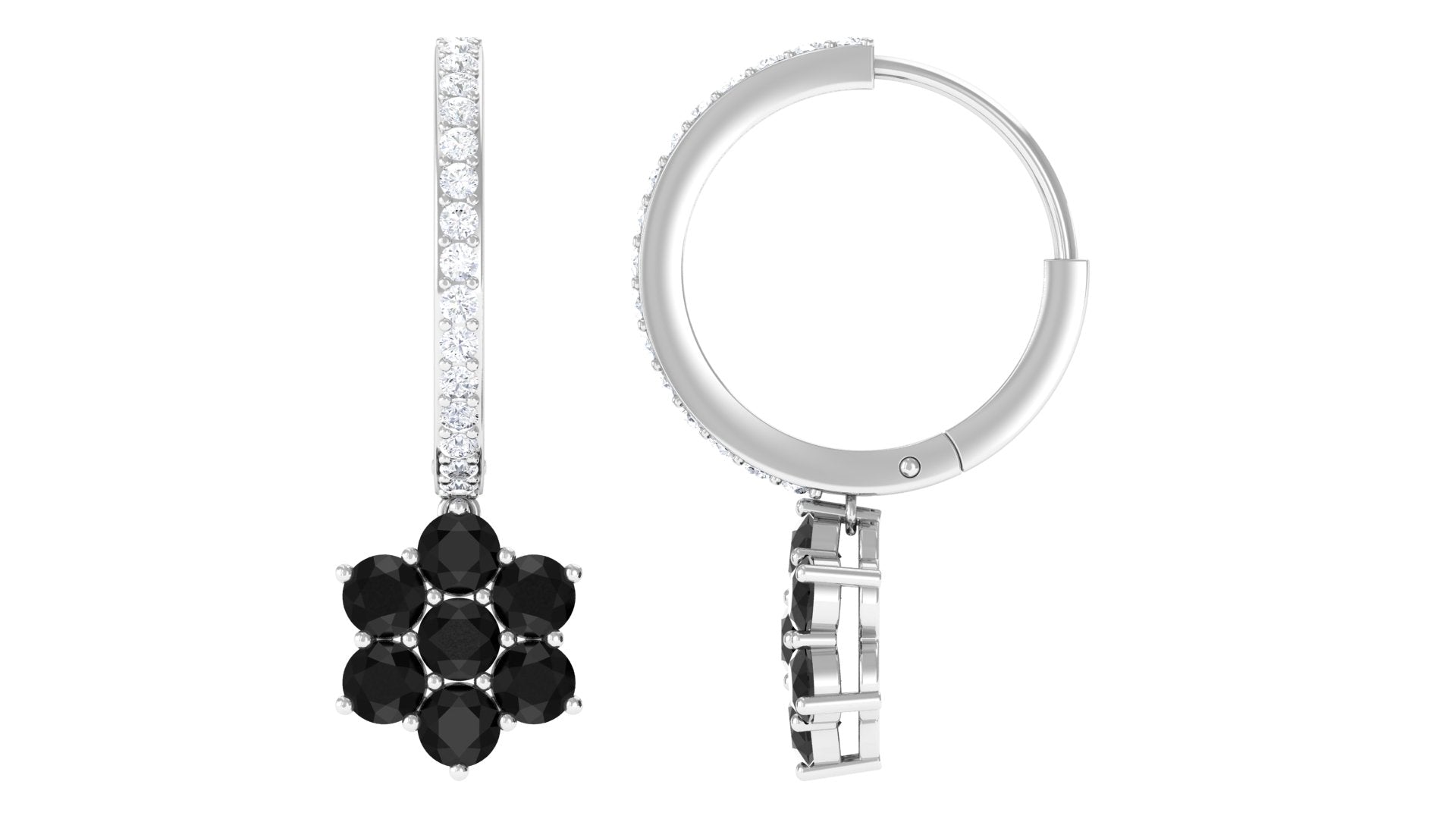 Certified Real Black Onyx Flower Drop Hoop Earrings with Diamonds