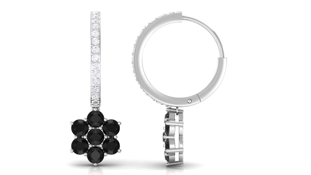 Certified Real Black Onyx Flower Drop Hoop Earrings with Diamonds
