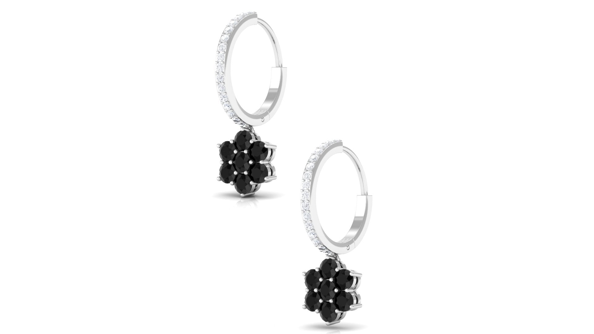 Certified Real Black Onyx Flower Drop Hoop Earrings with Diamonds