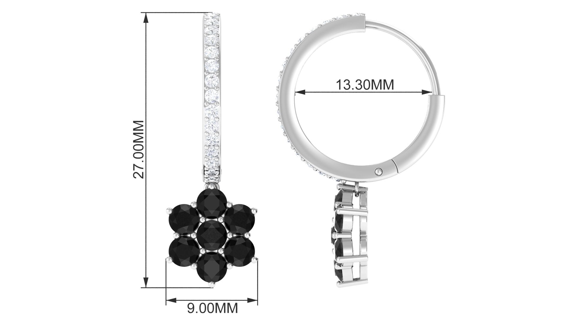 Certified Real Black Onyx Flower Drop Hoop Earrings with Diamonds