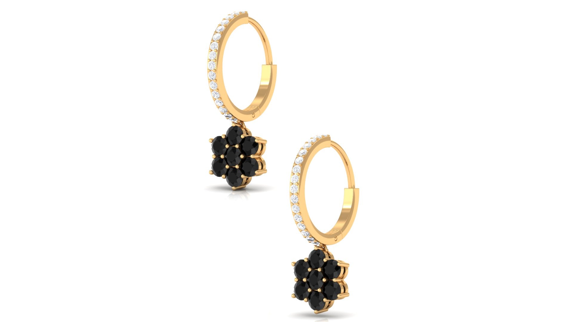Certified Real Black Onyx Flower Drop Hoop Earrings with Diamonds