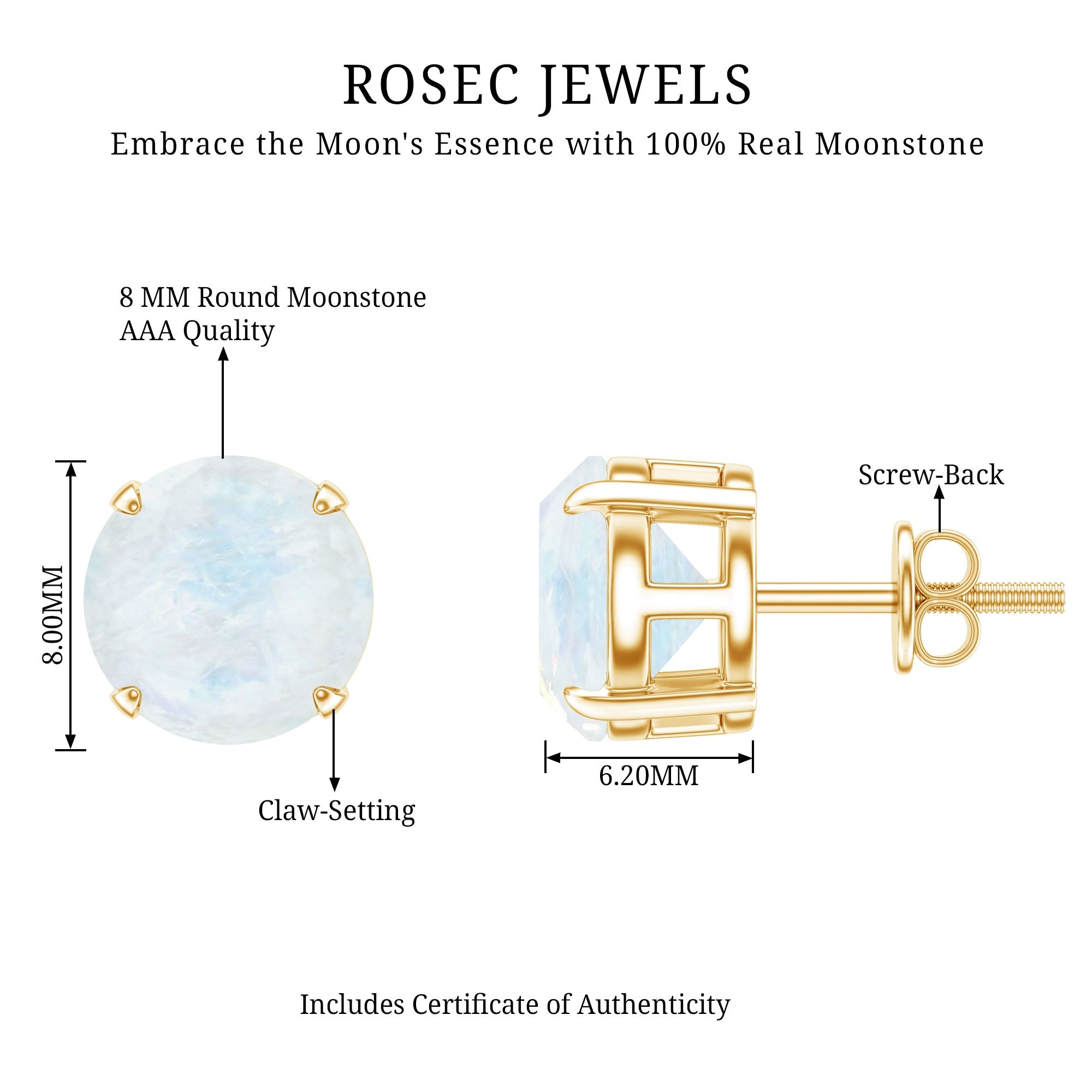 Moonstone Stud Earrings – AAA Grade Blue Claw Set Solitaire Design 8mm