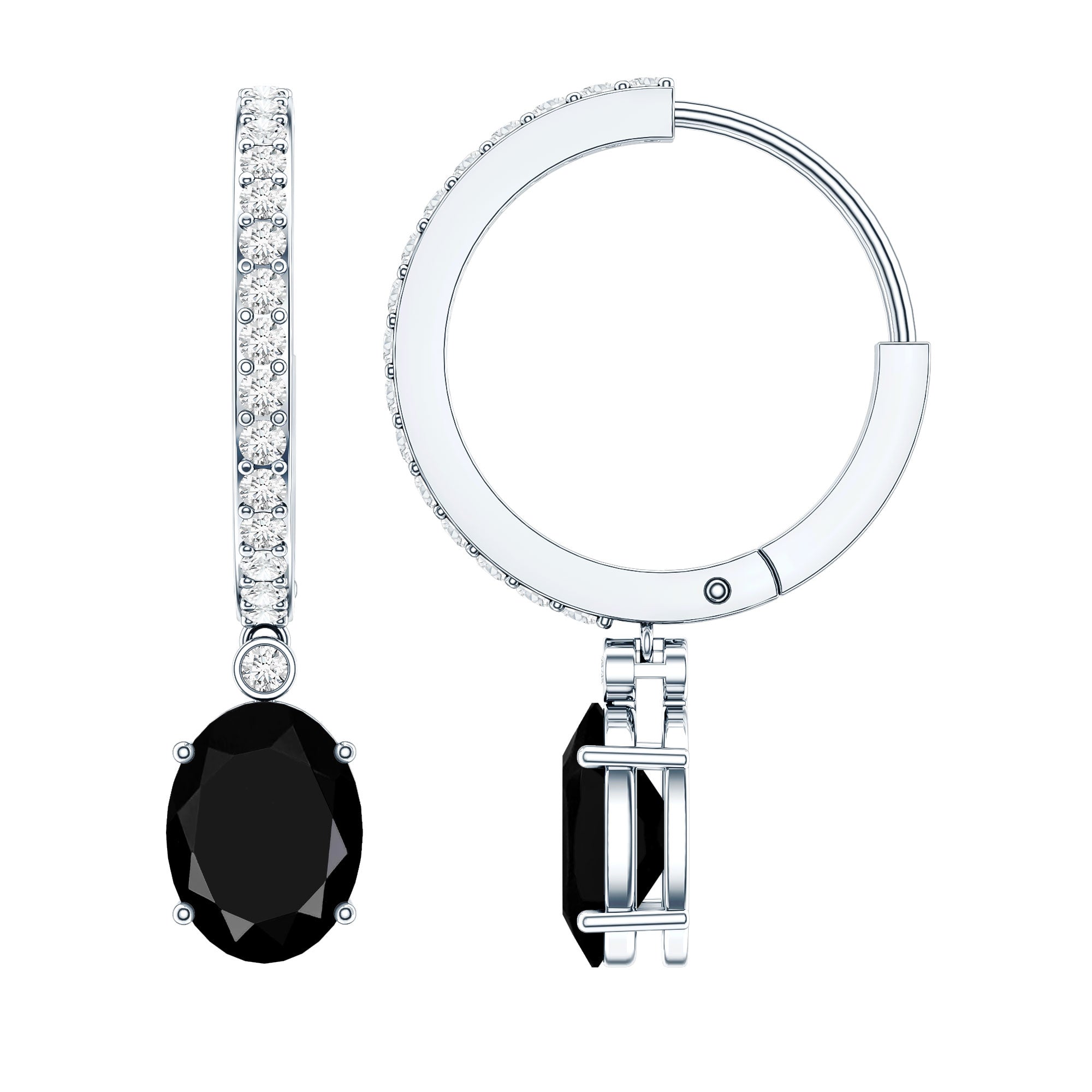 Natural 2.2 Carat Oval Black Onyx Hoop Drop Earrings with Diamond