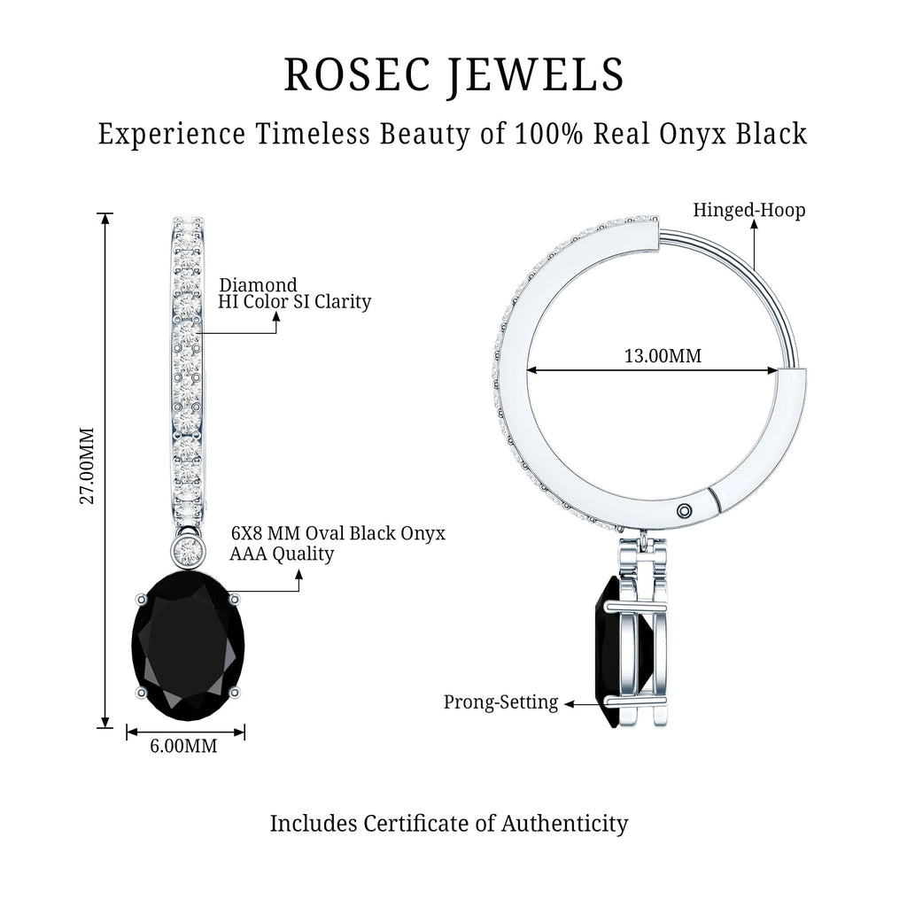 Natural 2.2 Carat Oval Black Onyx Hoop Drop Earrings with Diamond