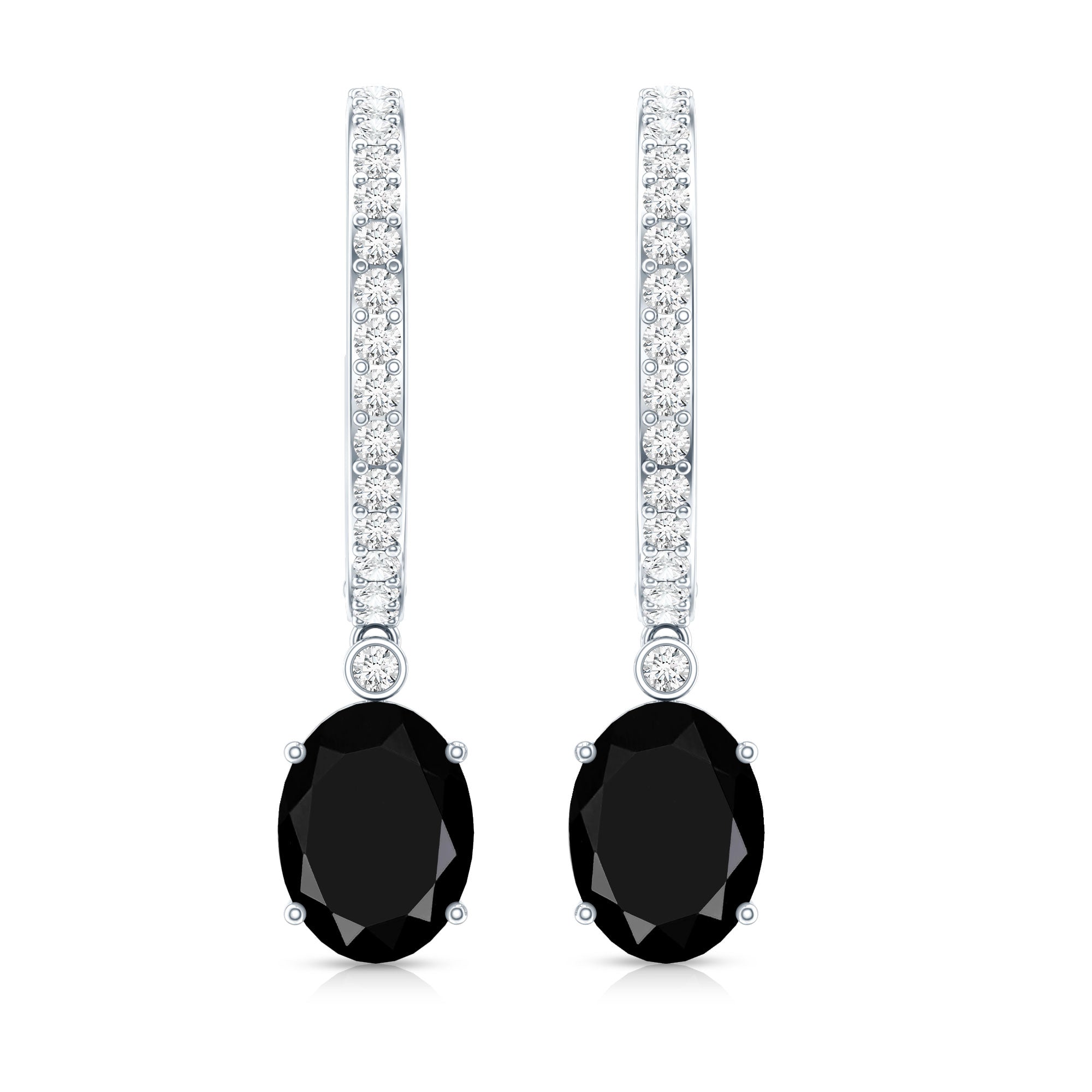 Natural 2.2 Carat Oval Black Onyx Hoop Drop Earrings with Diamond