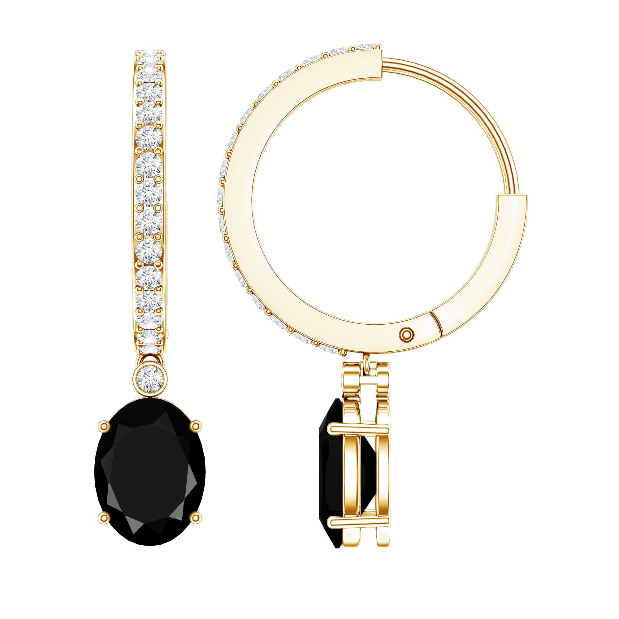 Natural 2.2 Carat Oval Black Onyx Hoop Drop Earrings with Diamond