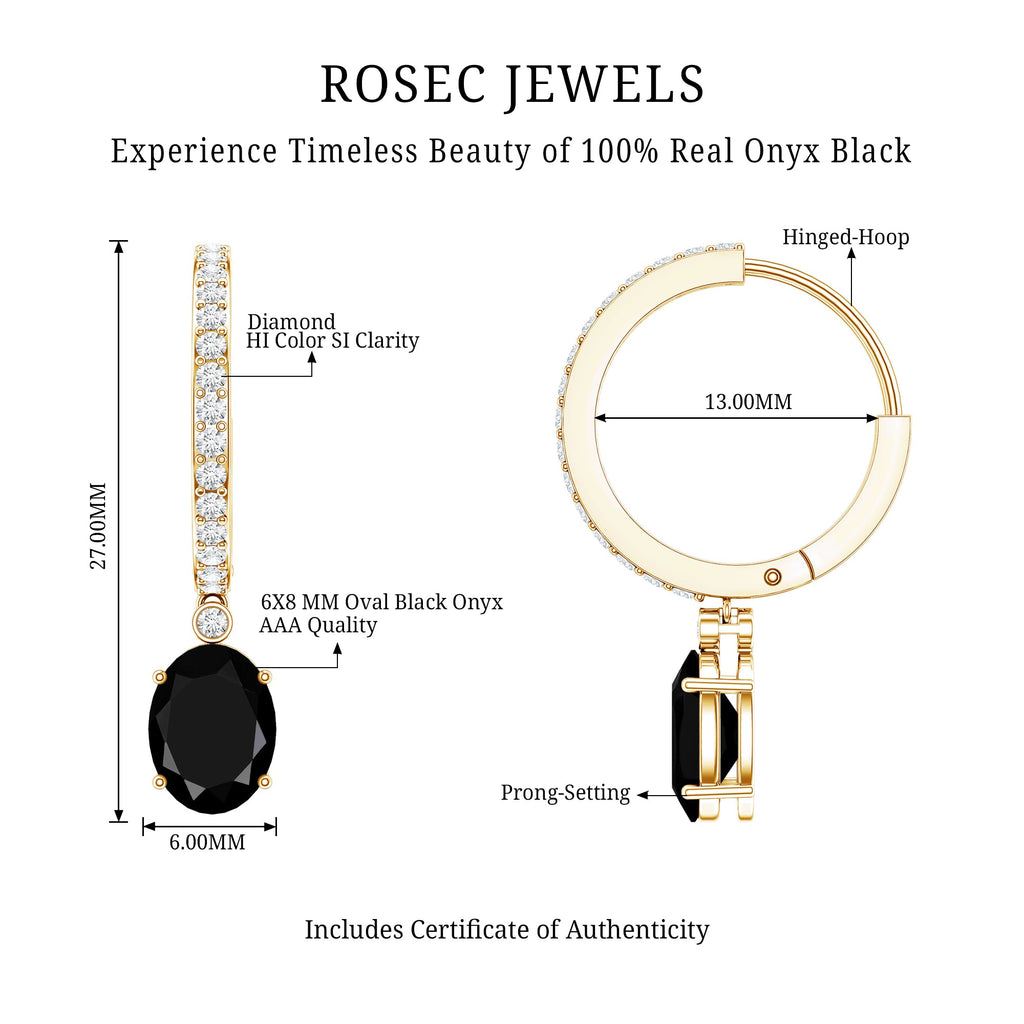 Natural 2.2 Carat Oval Black Onyx Hoop Drop Earrings with Diamond