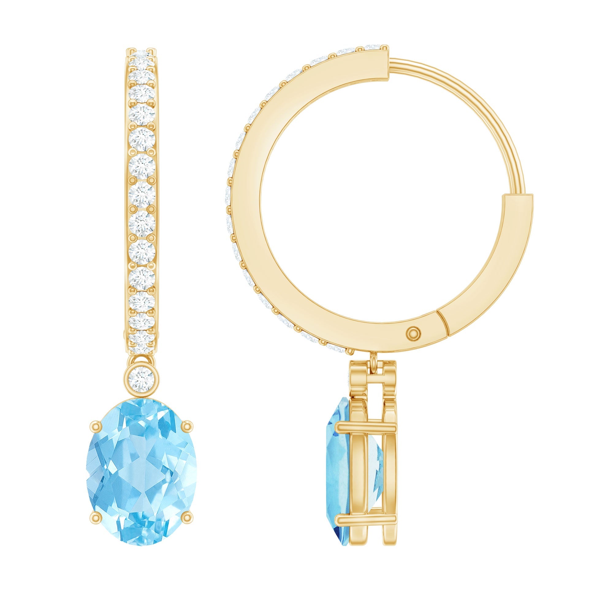 Aquamarine Hoop Earrings – Oval Cut Aquamarine Drop with Sparkling Diamond Hoops