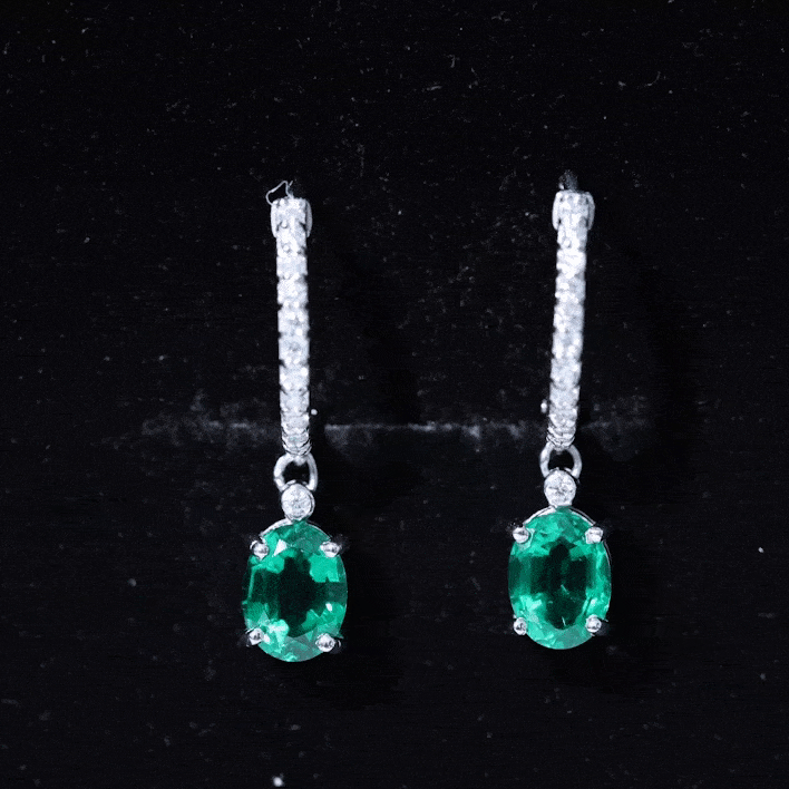 Lab Grown Emerald Earrings - Oval Cut Emerald Drop & Diamond Hoop Design